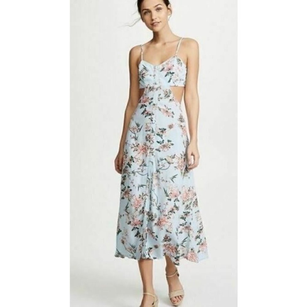 New Flynn Skye Mallory Maxi Dress Womens M Blue My Mind Floral Cutout Waist